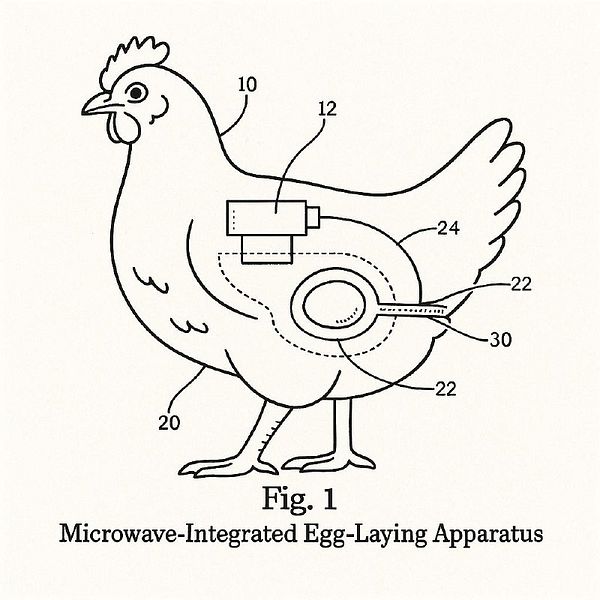 A diagram illustrating a chicken with a microwave-integrated egg-laying apparatus.