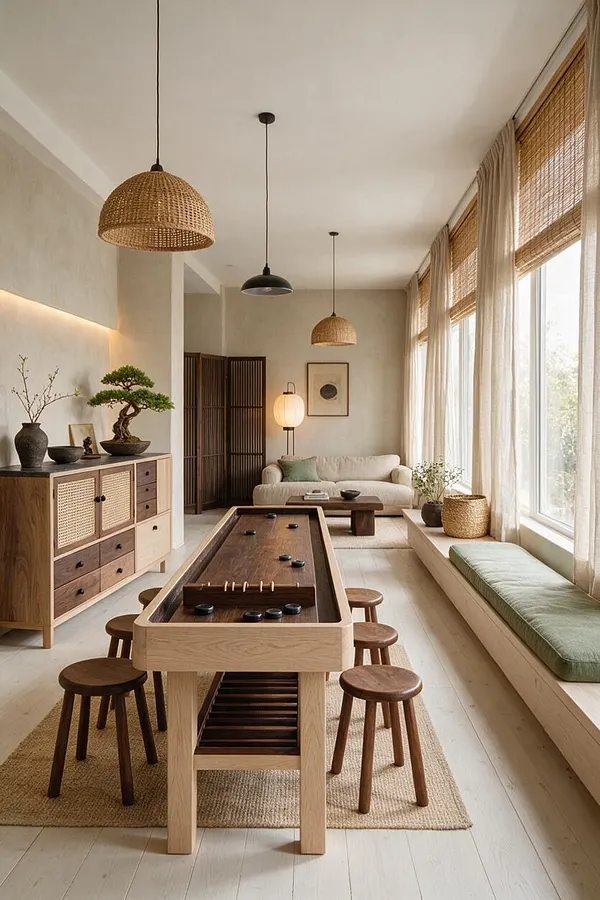 A calm Japandi-style game room with a light wood game table and round stools on a woven rug, soft beige seating, and a low window bench with green cushions. Woven pendant lights, linen curtains, bamboo blinds, and a bonsai tree add warm natural texture and a peaceful atmosphere.
