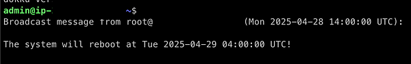 A terminal interface displaying a broadcast message about a scheduled system reboot.