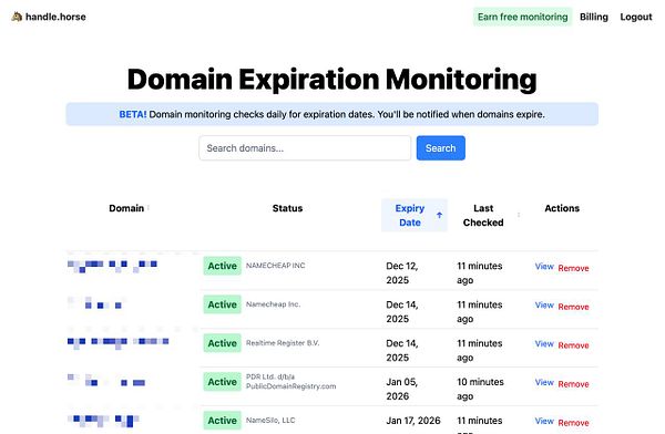 The image displays a user interface for domain expiration monitoring on the handle.horse website.