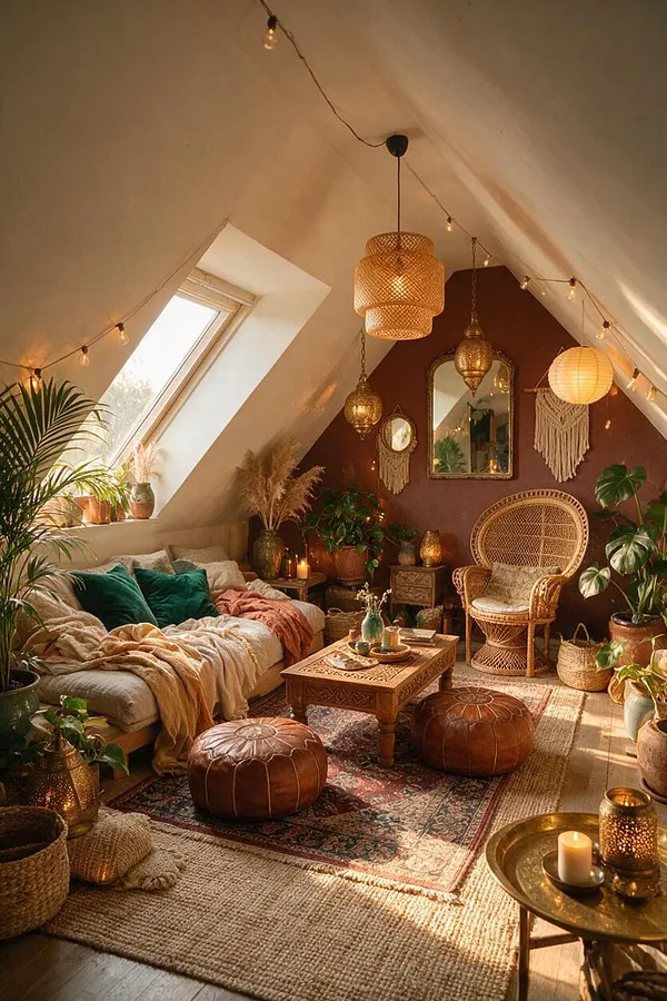 A warm bohemian attic game room with a sloped white ceiling, burgundy accent wall, and skylight windows. The space includes a low sofa with layered pillows and throws, a carved wooden coffee table, woven rattan chair, leather poufs, hanging pendant lights, string lights, plants, rugs, and brass decor.