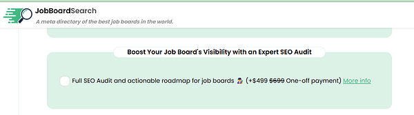 The image displays a section of the JobBoardSearch website promoting an SEO audit service for job boards.