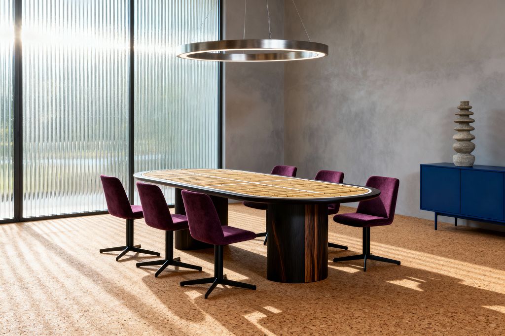 A contemporary dining room features an oval table with a light wood top, rounded metal rim, and two dark wood cylindrical bases, surrounded by six plum upholstered chairs on black four-star bases. Sunlight filters through floor-to-ceiling ribbed glass onto a warm cork floor, while a brushed steel ring pendant hangs above and a cobalt blue credenza with a stacked stone sculpture sits against soft gray plaster walls.