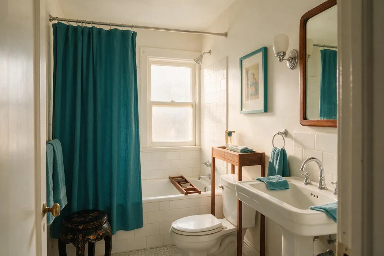 A small eclectic bathroom with teal shower curtains, a white tile tub surround, and a pedestal sink. A wood-framed mirror, wall sconces, framed art, and a small wooden side table add vintage character and layered texture.