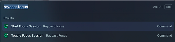 The image displays a user interface for the Raycast Focus tool with search results for focus commands.