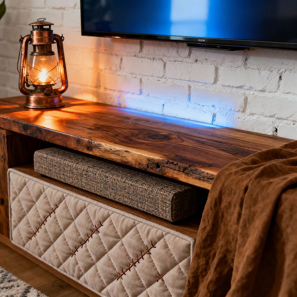 A farmhouse-style media nook shows a wall-mounted flat-screen above a thick reclaimed wood console with visible knots and a live-edge surface. A lit vintage copper lantern warms the left side while cool blue LED backlighting washes the white painted brick; below the shelf, a tweed-covered soundbar sits over cabinet fronts upholstered in beige quilted fabric with cross-stitch lacing, and a soft brown throw is draped over the corner.
