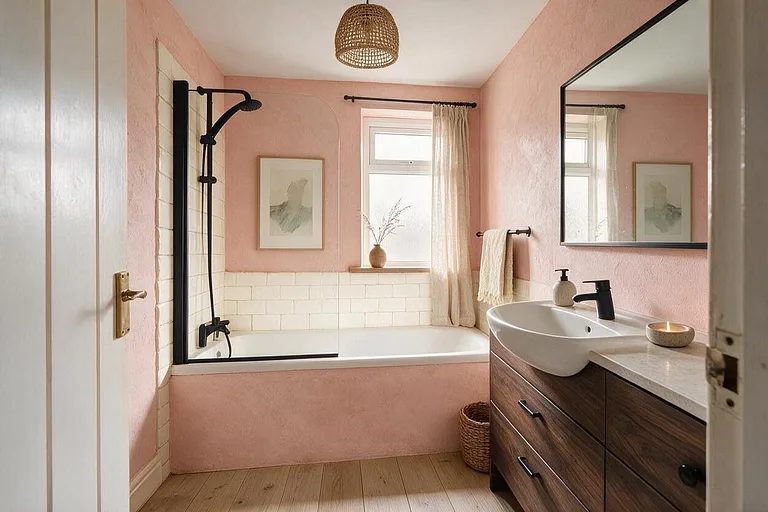 A Japandi bathroom in the Clay Plaster palette: clay pink, cream, walnut, oatmeal, and matte black