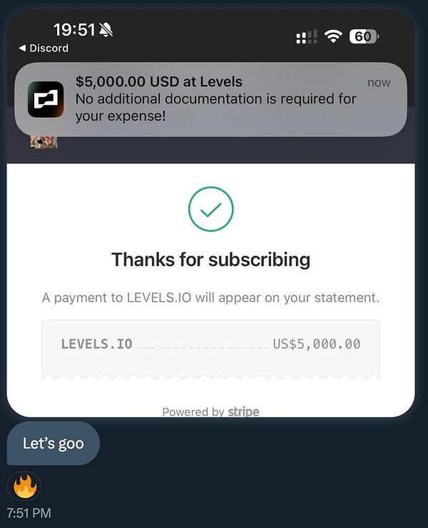 A notification and confirmation of a $5,000 subscription payment to Levels.IO.