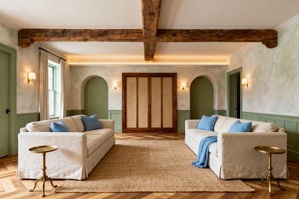 A symmetrical French Country media room features two ivory linen sofas facing across a large jute rug on oak herringbone flooring. Sage green paneling and arched niches frame cane-front sliding doors on the back wall, with limewashed walls, warm LED cove lighting, and brass sconces. Reclaimed wood ceiling beams, linen curtains, blue accent pillows, and petite brass side tables complete the relaxed, rustic-elegant setting.