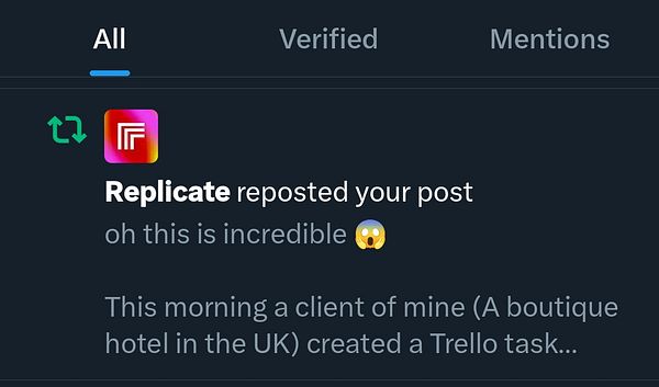 A Twitter interface displaying a repost from Replicate with a comment about a client's Trello task.