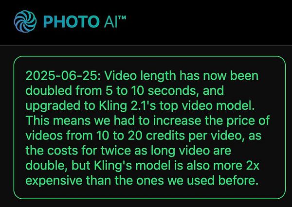 An announcement regarding changes to video credits and length for a service called Photo AI.