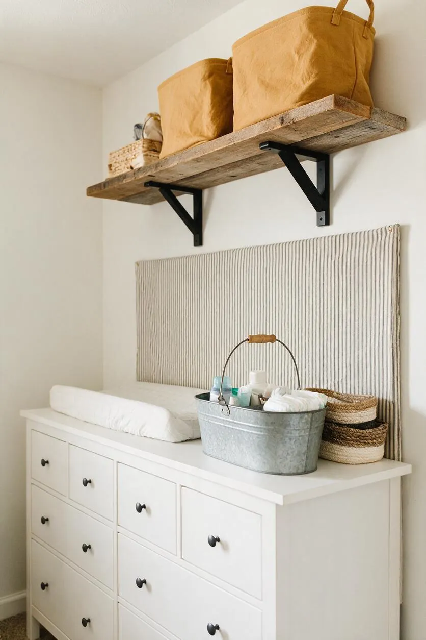 A farmhouse-style nursery corner with a white dresser used as a changing station, topped with a padded changing mat and organizing baskets. Above it, a rustic wood shelf with black metal brackets holds mustard-colored storage bins, while a neutral vertical-striped textile panel adds softness to the wall.
