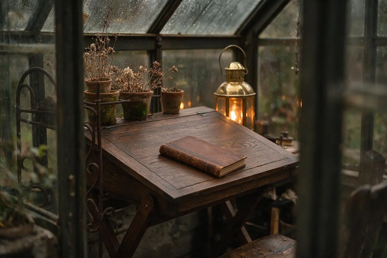 A small wooden writing desk sits inside a glass greenhouse, viewed through dark metal framing. On the desk rests a worn leather-bound book, with potted dried plants and a brass lantern glowing warmly beside it, creating a moody Dark Academia vignette.