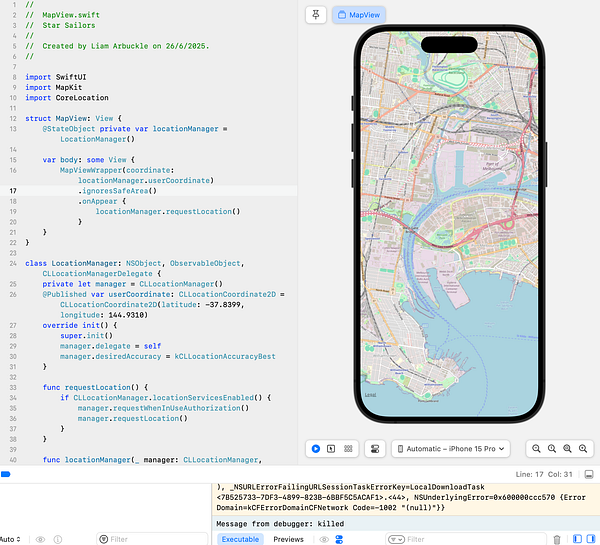The image displays a Swift code snippet for a mobile app alongside a map interface on an iPhone simulator.