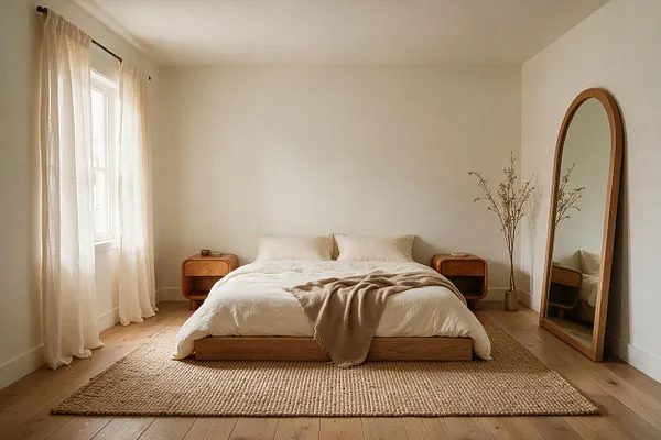 A calm master bedroom with a low wooden platform bed dressed in white bedding and a soft beige throw, centered on a natural woven rug. Sheer curtains filter daylight from the left window, while curved wooden nightstands, a tall arched mirror, and a simple vase of dried branches add warm organic textures.