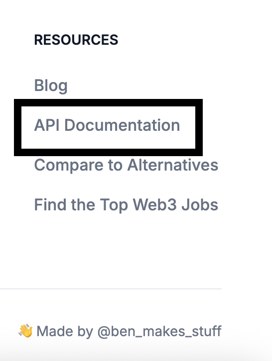 The image displays a section of a website's resources menu highlighting the API Documentation link.