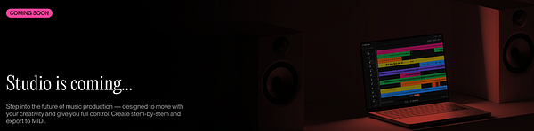 A promotional image for an upcoming music production software called Studio, featuring a laptop and audio speakers.