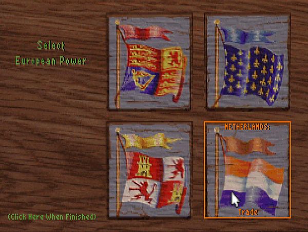 The image displays a selection screen for European powers in the game Sid Meier's Colonization.