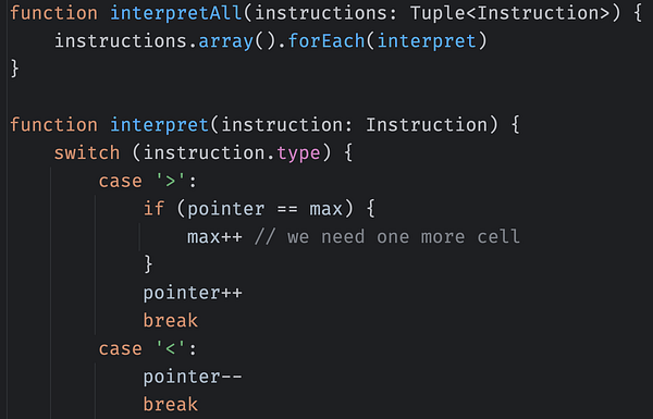 A code snippet for a Brainfuck compiler implementation in a programming environment.
