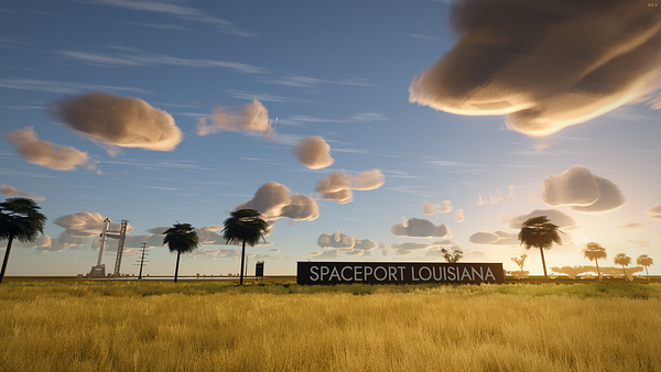 A digital landscape of Spaceport Louisiana during sunset with a partly cloudy sky and tall grass in foreground.