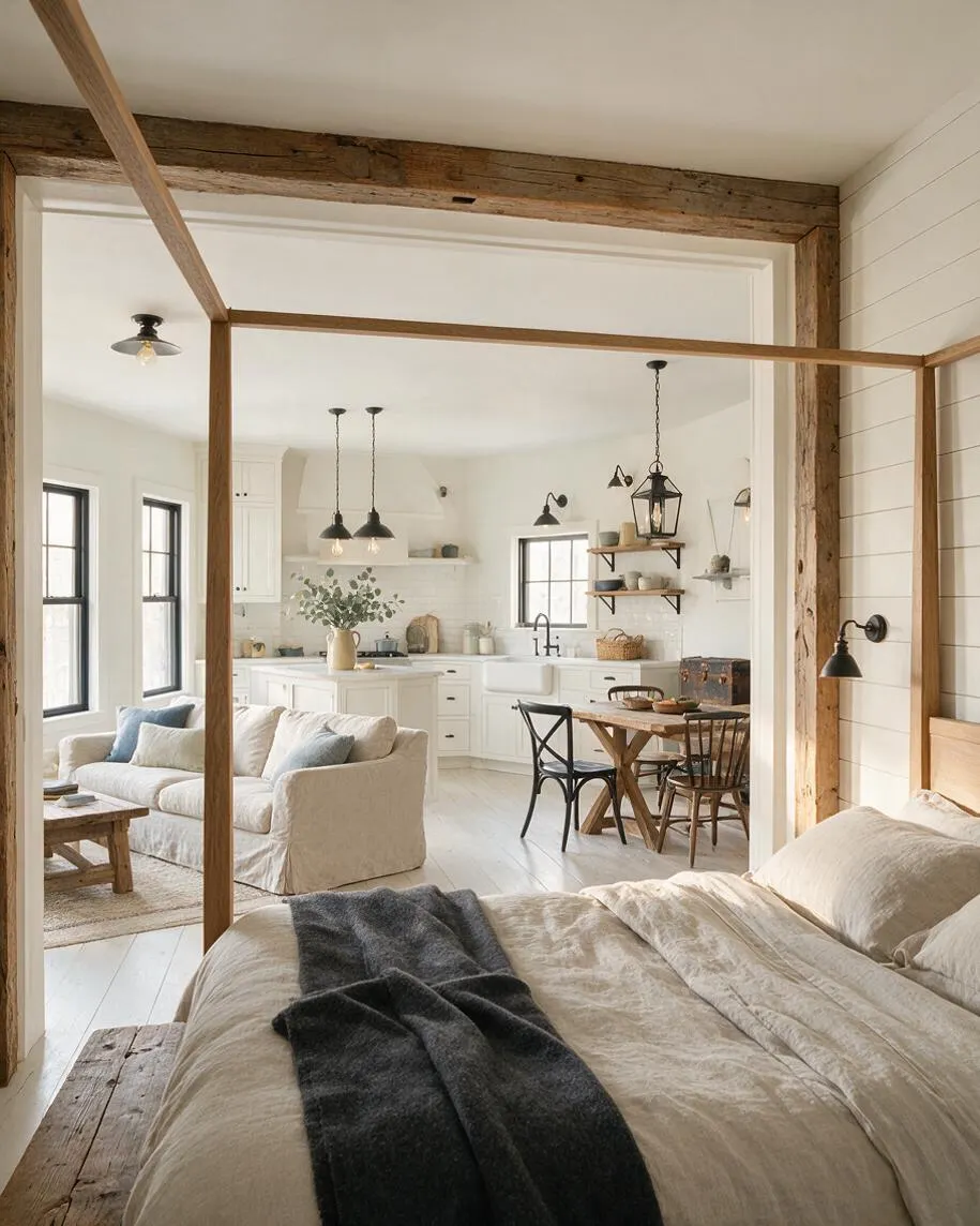 A cozy studio apartment combines a bedroom, living area, and kitchen in one open space. The room features white shiplap walls, exposed reclaimed wood beams, black metal lighting, linen bedding, and a small farmhouse dining table, creating a warm rustic look.