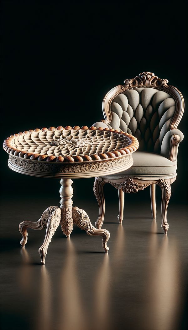 An ornate Pie Crust Table with a scalloped edge, carved details, and cabriole legs, placed beside a classic armchair.