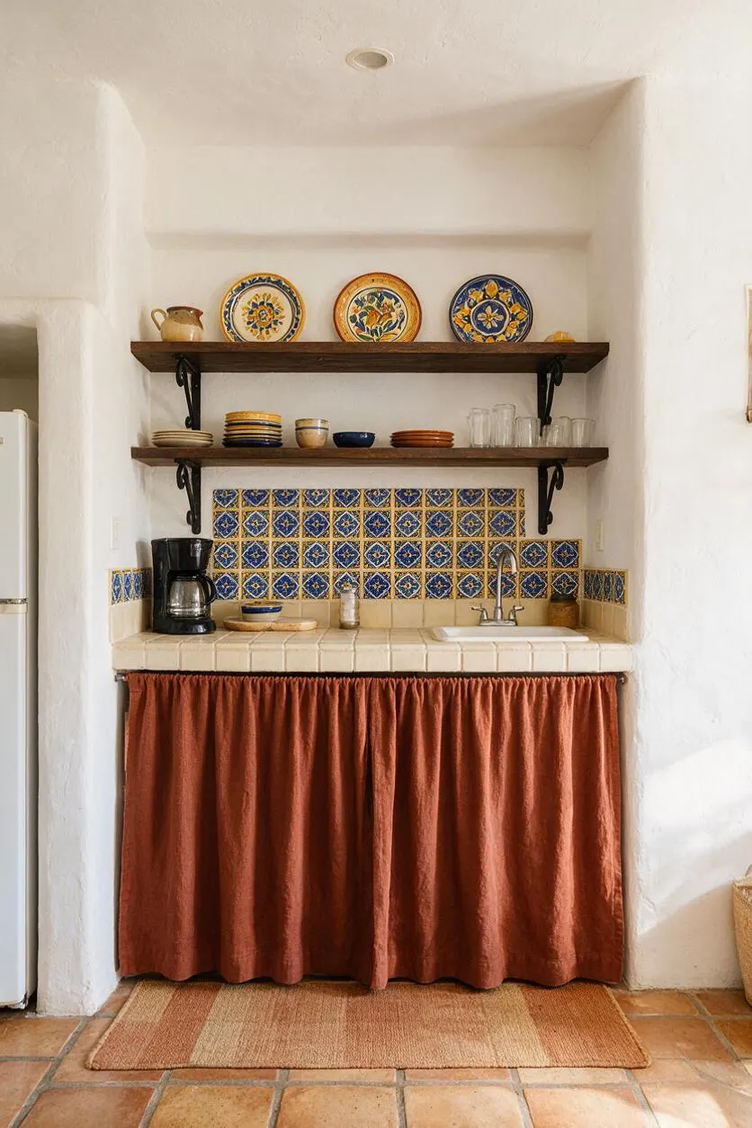 A compact Mediterranean-style kitchen niche with white stucco walls, dark wood shelves, and a patterned blue-and-gold tile backsplash. Open shelving displays colorful ceramic plates, bowls, and glasses above a small sink and coffee maker, while a rust-colored fabric skirt hides the lower cabinets.