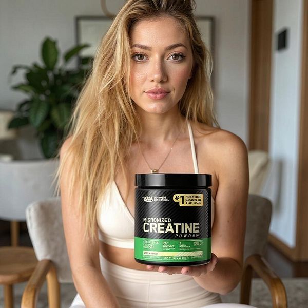 A young woman holds a container of micronized creatine powder in a well-lit indoor setting.