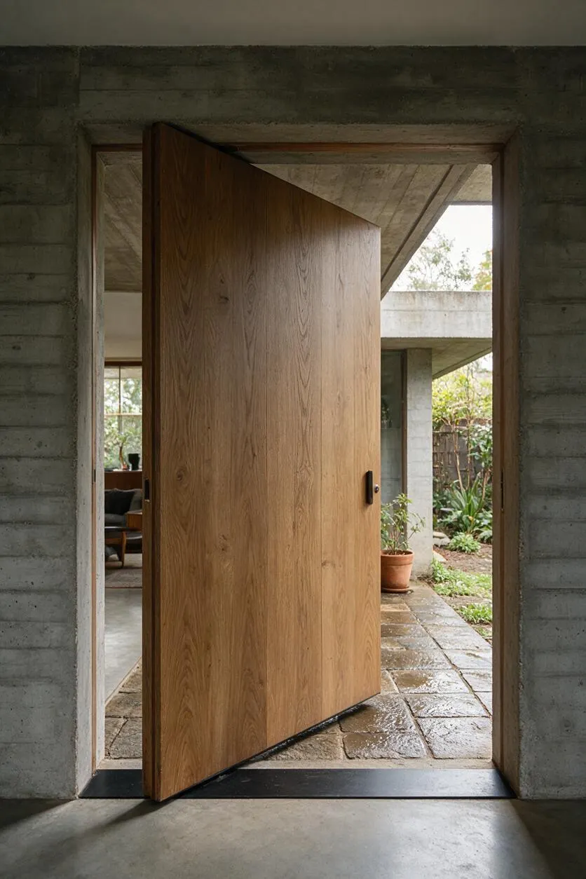 A Brutalist-style exterior entry with a large pivoting wood door set inside a rough concrete frame. The door opens to a stone-paved courtyard with potted plants and exposed concrete forms, combining heavy materiality with warm natural wood.