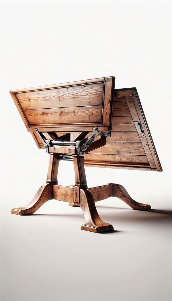 A vintage wooden drop-leaf dining table with a swing leg extended to support one of the leaves.