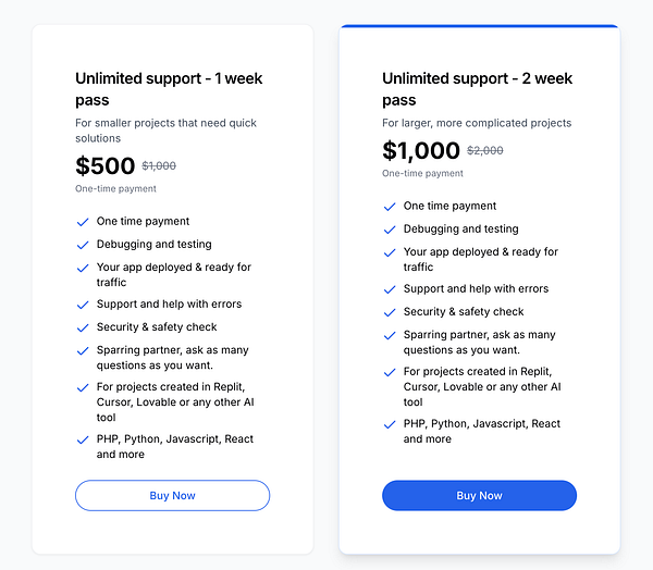 The image displays two pricing options for unlimited support services, each with distinct features and costs.