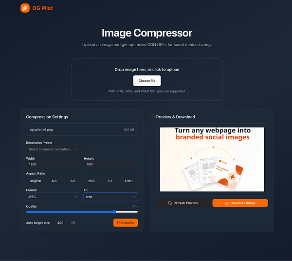 The image displays a user interface for an image compression tool called OG Pilot.