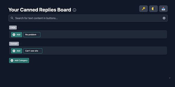 The image displays a user interface for a canned replies board with sections for FAQs and Domain responses.