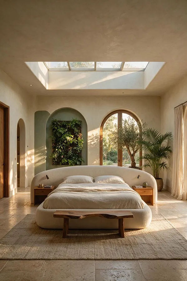 A serene master bedroom with a rounded upholstered bed centered on a textured rug, flanked by wooden nightstands and set beneath a skylight. Arched windows, a living green wall, potted palms, and soft neutral finishes bring in abundant natural light and a strong indoor-outdoor connection.
