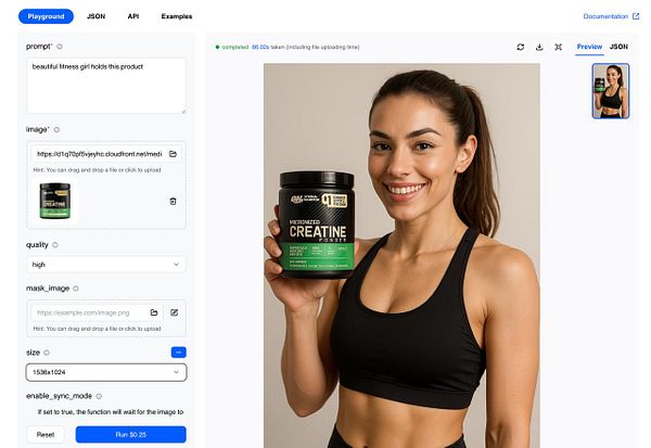 A woman in a black sports bra holds a container of creatine supplement while smiling at the camera.