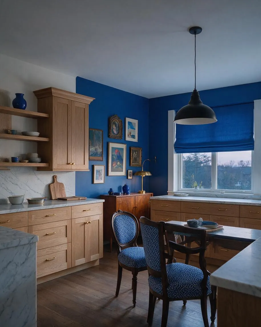 An eclectic kitchen with vivid blue walls, light wood cabinetry, and marble-look countertops. A black pendant light hangs over a small dining table surrounded by blue upholstered vintage chairs, while framed artwork and a window with a blue Roman shade add layered character.