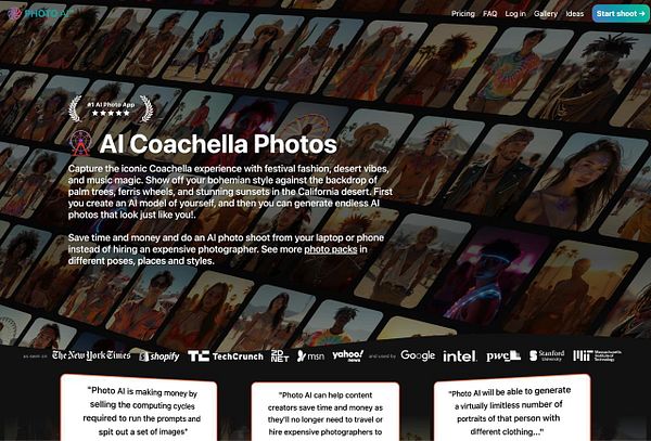 The image promotes an AI photo app designed for capturing Coachella-themed photos.
