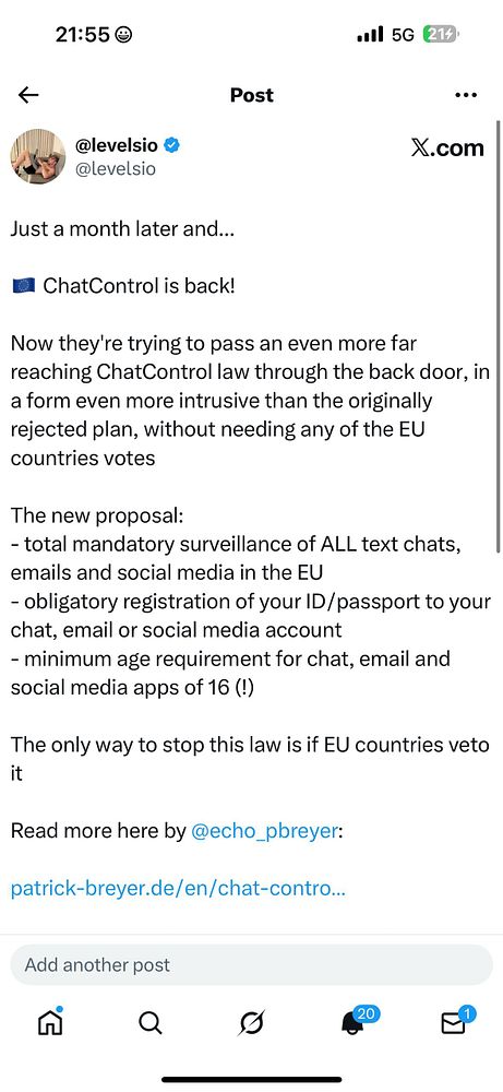A social media post discussing the reintroduction of the ChatControl law in the EU.