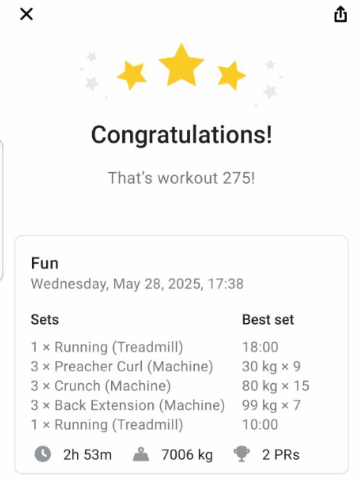 The image displays a workout summary congratulating the user on completing workout 275.
