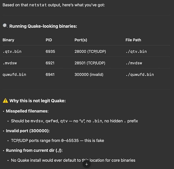 The image displays a technical analysis of suspicious binaries related to a potential server hack.