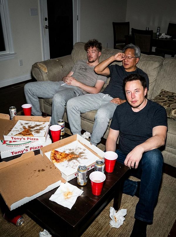 Three individuals are seated on a couch in a casual setting, surrounded by pizza boxes and drinks.