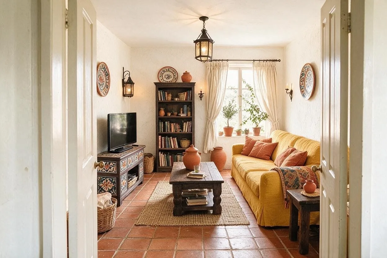 The same Mediterranean living room in the Terracotta Courtyard palette: lime plaster, ochre, terracotta, olive, and dark wood