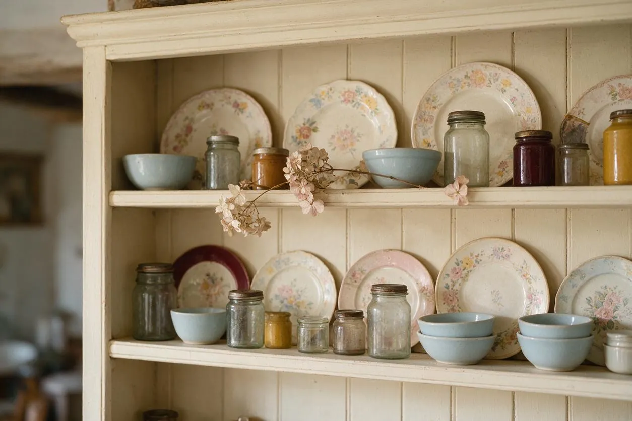 A cream-painted wooden hutch with open shelves displays floral vintage plates, pale blue bowls, and assorted glass jars filled with jams or preserves. A delicate dried flower sprig drapes across the middle shelf, creating a soft cottagecore still life.