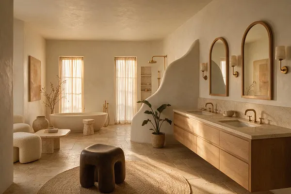 A serene organic modern bathroom with a freestanding oval tub, double vanity in light wood, and arched mirrors above a pale stone countertop. Soft cream walls, travertine flooring, gauzy curtains, and sculptural curved partitions create a warm, spa-like atmosphere.