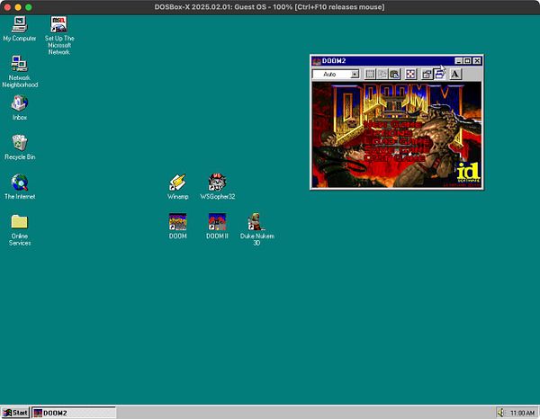 The image displays a Windows 95 desktop environment running DOSBox with several classic games and applications.