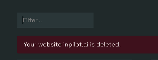 A notification confirming the deletion of a website from a project management interface.