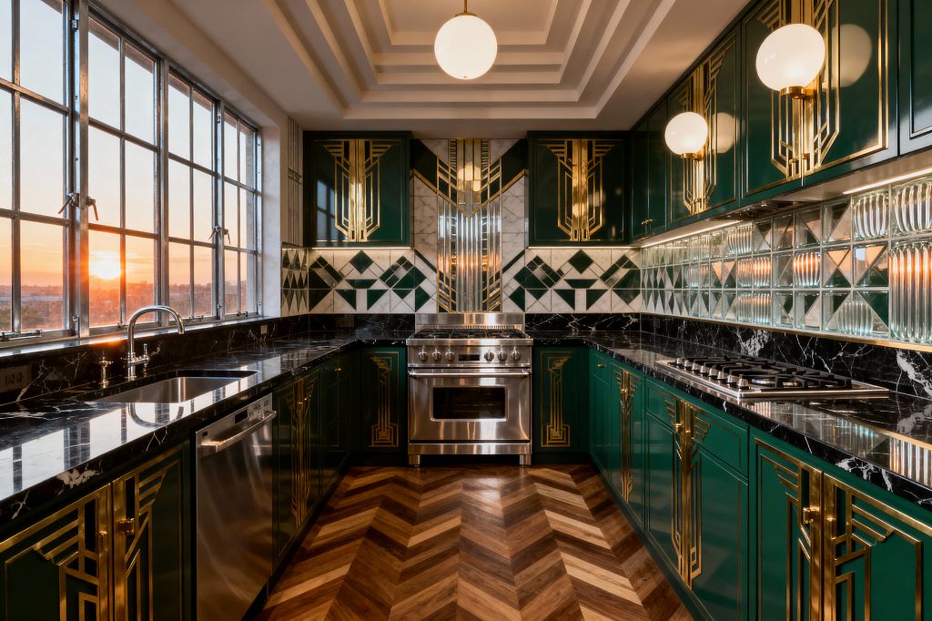 A U-shaped Art Deco kitchen features emerald-green cabinets with brass geometric inlays and black marble countertops, centered on a stainless-steel range. The backsplash combines white marble and dark-green diamond tiles with a fluted mirror centerpiece, while ribbed mirrored tiles run along the right wall. Chevron wood flooring, globe pendants on a stepped ceiling, and steel-framed windows washing the room with sunset light complete the glamorous scene.