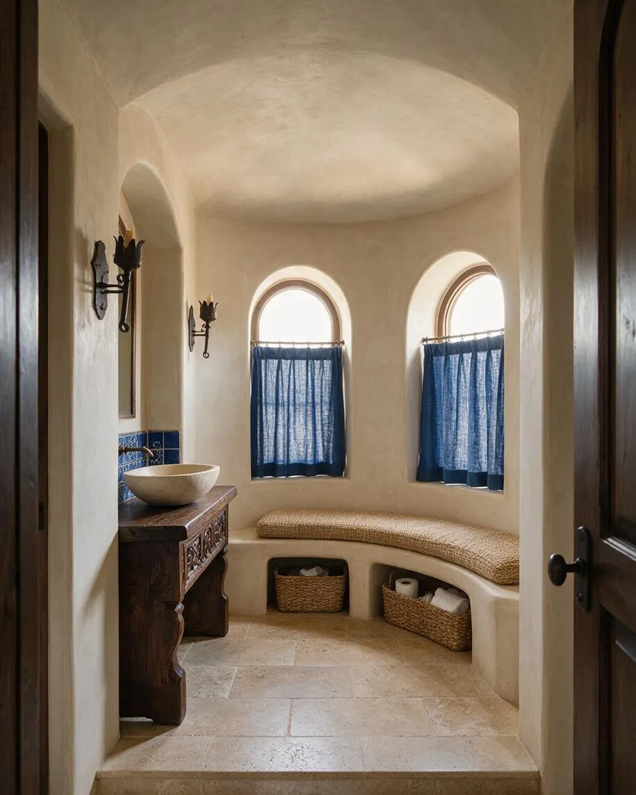 A Mediterranean-style powder room with smooth plaster walls, a vaulted ceiling, and two arched windows dressed in blue curtains. The space includes a carved dark wood vanity with a stone vessel sink, built-in curved bench seating, woven storage baskets, and warm beige stone tile flooring.