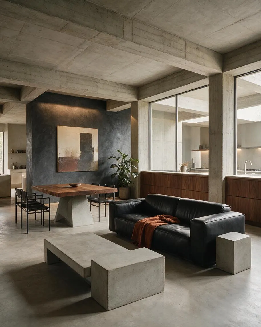 A Brutalist-style sunroom with exposed concrete ceiling and columns, floor-to-ceiling windows, a black leather sofa, a rectangular wood dining table, and sculptural concrete furniture. Warm wood cabinetry, a dark accent wall with abstract art, and a potted plant soften the industrial palette.