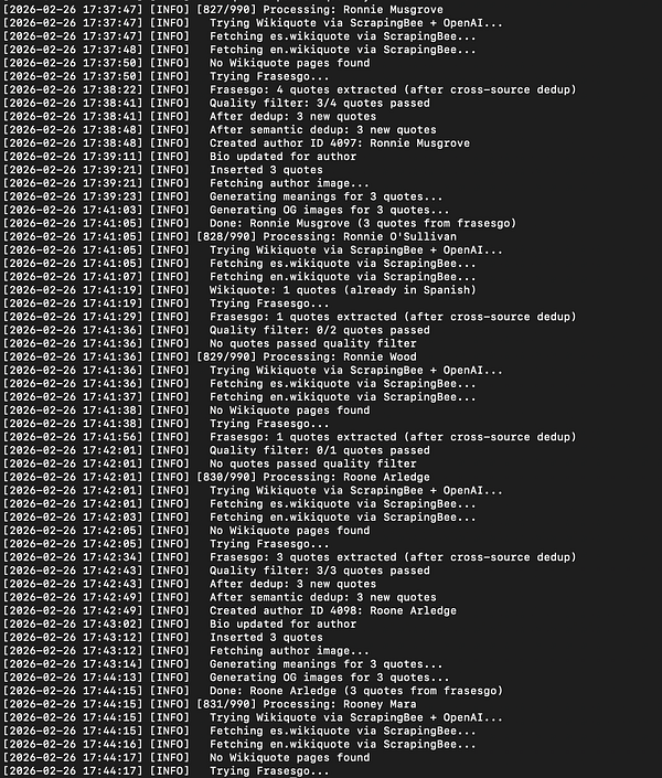 Screenshot of a terminal displaying Python code for scraping and enriching quotes using ScrapingBee and OpenAI API.